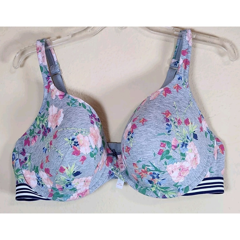 Cacique Womens 44D Lightly Lined T-Shirt Bra‎ Floral Gray Striped Underwire